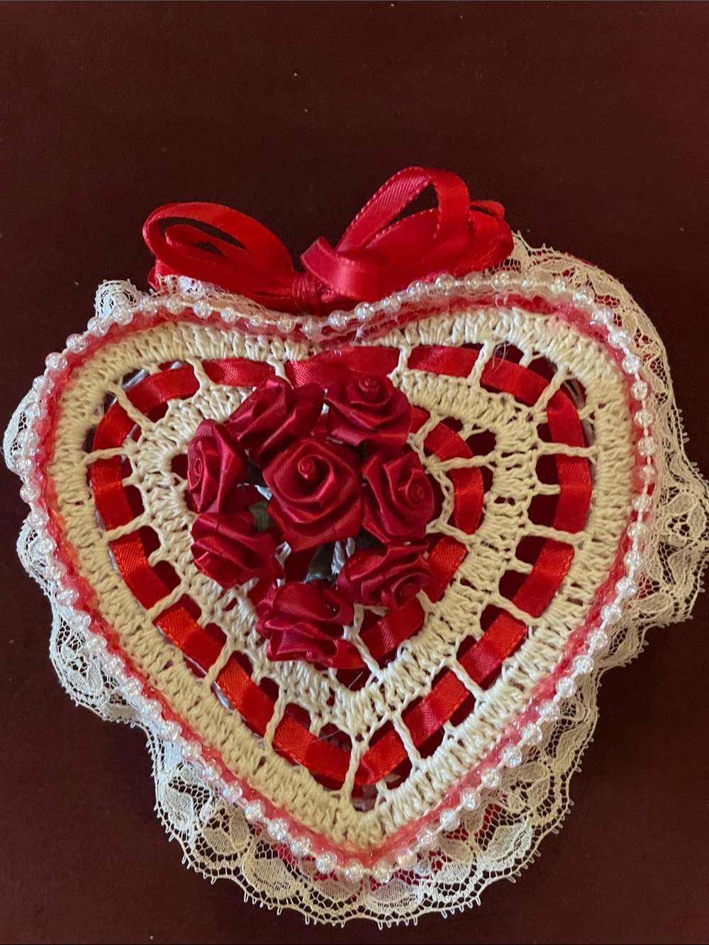 Handcrafted Red and Cream Heart Accent Pillow - Decorative Home Accent